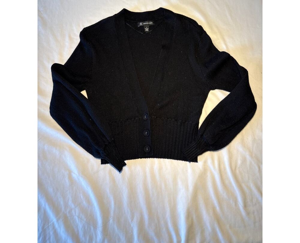 INC International Concepts Womens S Black Ribbed Knit Cropped Cardigan Sweater